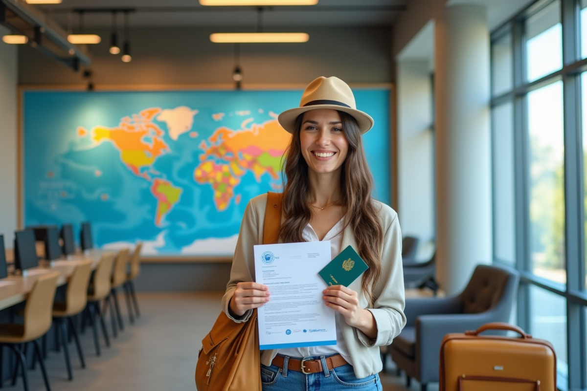 Voyageur souriant tenant passeport et lettre de visa dans une agence moderne
