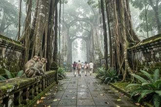 Allée de pierre moussue au Sacred Monkey Forest d'Ubud avec des singes macaques assis sur un balustrade sculpté et des visiteurs en arrière-plan sous une canopée dense de banyans