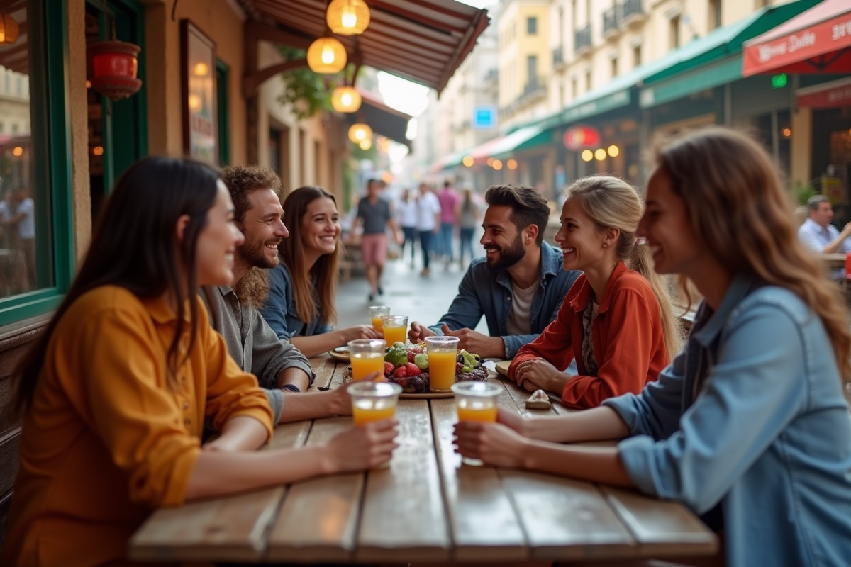 Groupe d amis de différentes cultures autour d une table en ville