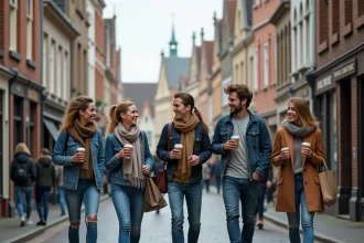Groupe d'amis en week-end dans les rues pavées de Bruges avec ses façades flamandes et ses boutiques de chocolat