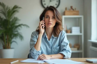Femme utilisant un smartphone pour appeler un numéro de téléphone fixe en Italie depuis son domicile en France