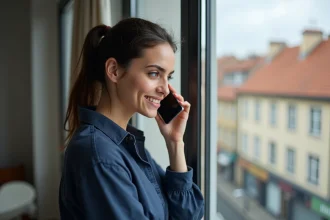 Femme utilisant un smartphone pour appeler un numéro international avec indicatif +39 de l'Italie