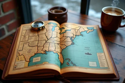 Atlas routier de la côte Est américaine ouvert sur une table de café à New York avec annotations manuscrites et boussole vintage
