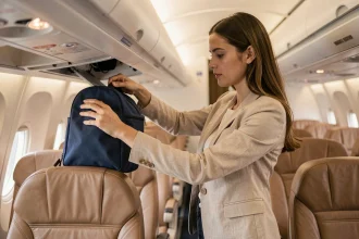 Jeune femme plaçant un petit bagage à main dans le compartiment supérieur d'un avion Volotea