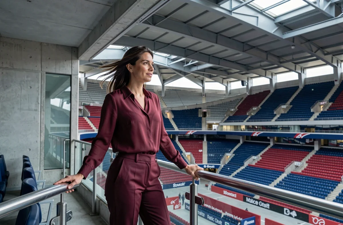 Femme élégante sur le balcon privatif d'une suite executive surplombant les tribunes vides du Parc des Princes