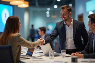 Blogueur voyage professionnel serrant la main d'un responsable tourisme