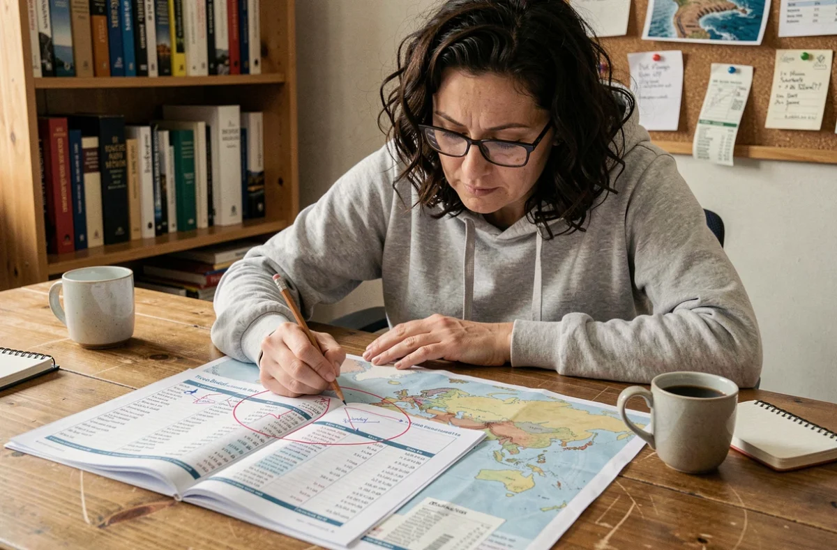 Femme planifiant son budget voyage Paris Sydney avec carte du monde et comparatif de billets d'avion
