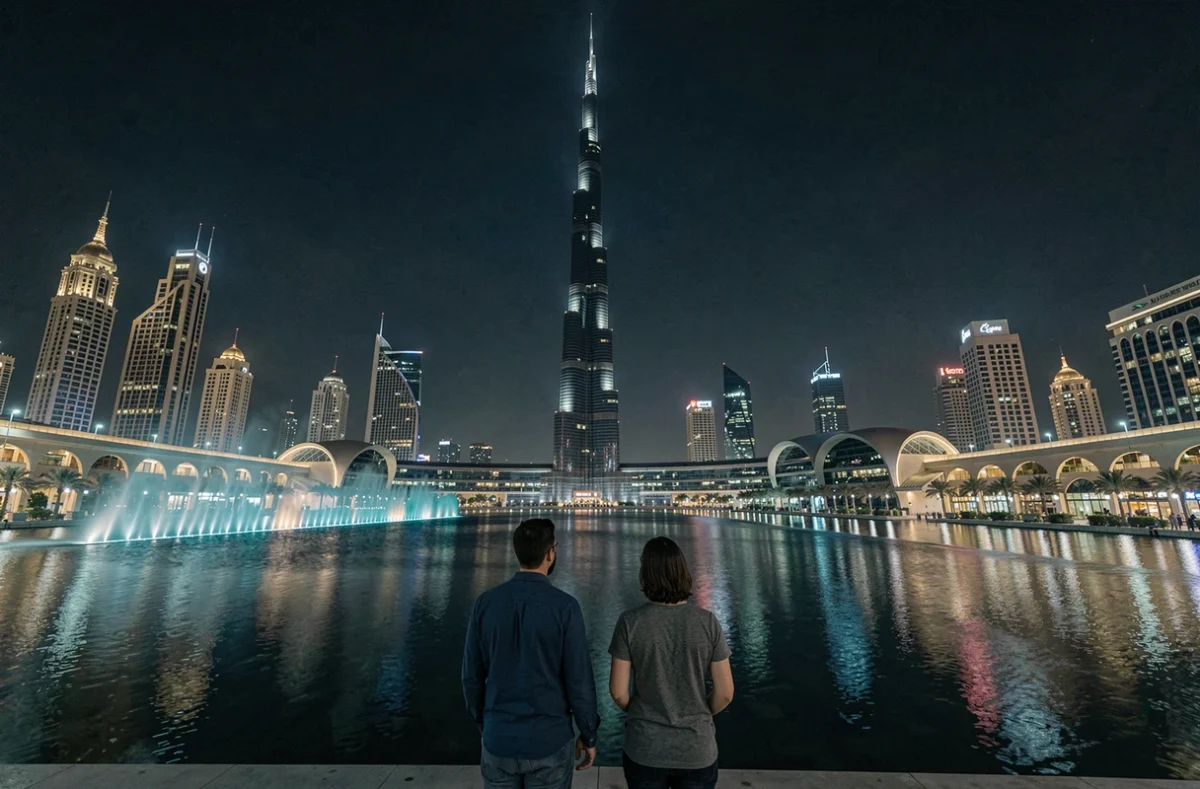 Burj Khalifa illuminé de nuit avec reflets sur le lac de la fontaine de Dubaï et couple en premier plan