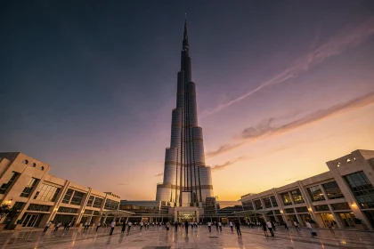 Vue grand angle du Burj Khalifa au crépuscule depuis la plaza, avec ciel indigo et reflets dorés sur la façade