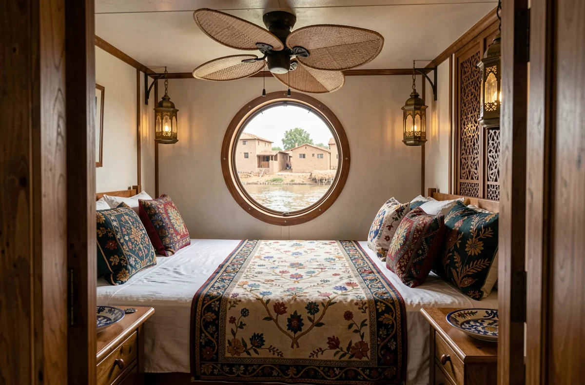 Cabine intérieure luxueuse d'un petit bateau de croisière sur le Nil avec hublot sur un village égyptien, linge en coton et lanternes en laiton