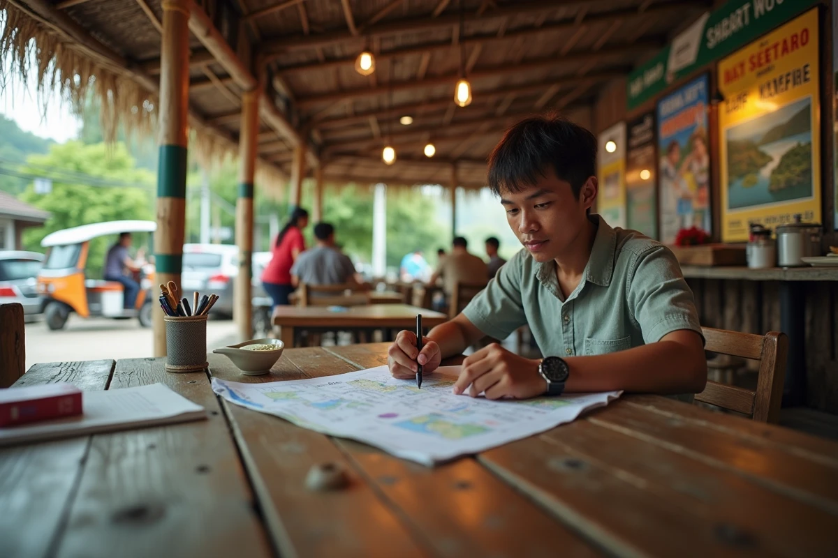 Jeune voyageur étudiant dans un café local à Mindanao
