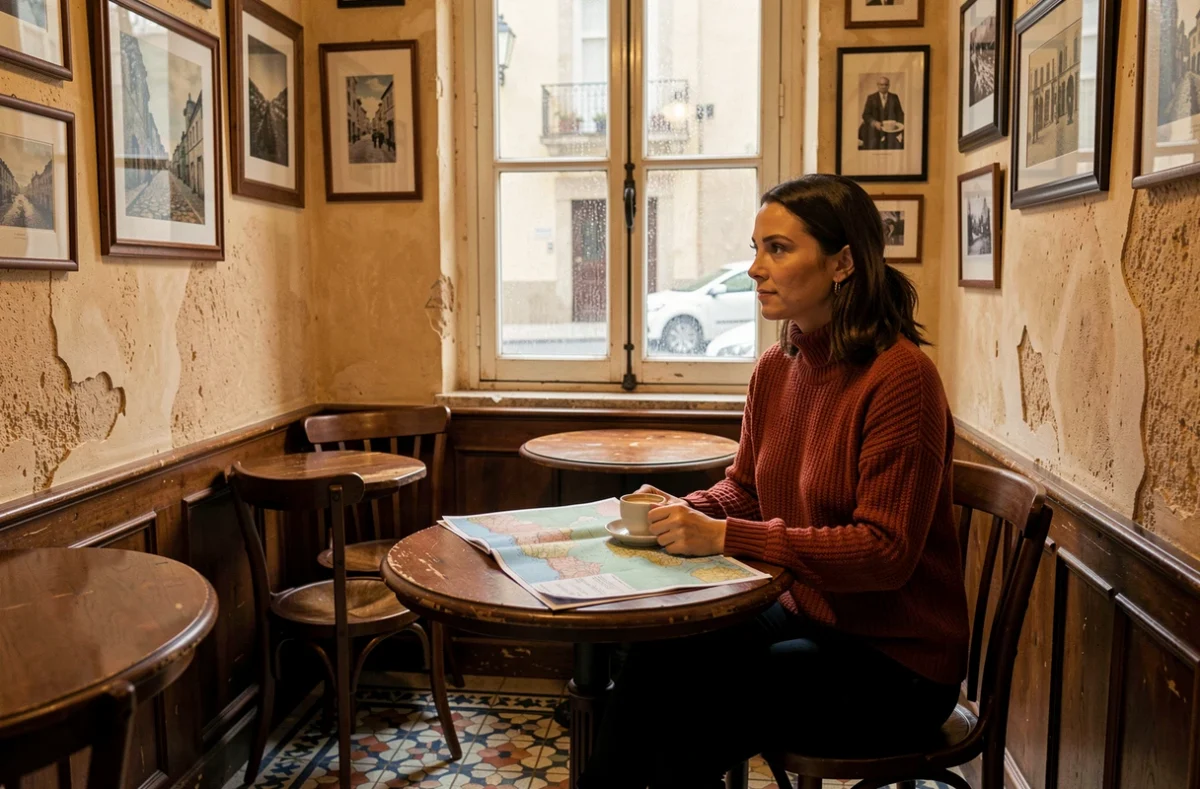 Femme savourant un café dans une taverne traditionnelle maltaise à La Valette en hiver