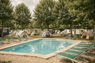 Vue panoramique d'un camping avec piscine dans le Nord de la France, entouré d'arbres et de mobil-homes familiaux
