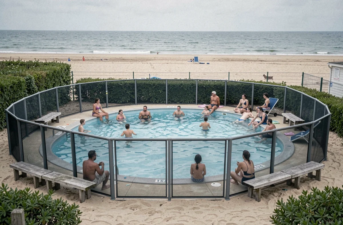 Piscine du Camping de la Plage à Gravelines avec la plage de la mer du Nord visible en arrière-plan