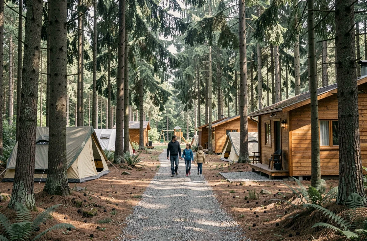 Camping de la Sapinière avec tentes sous les sapins et famille se promenant dans les bois