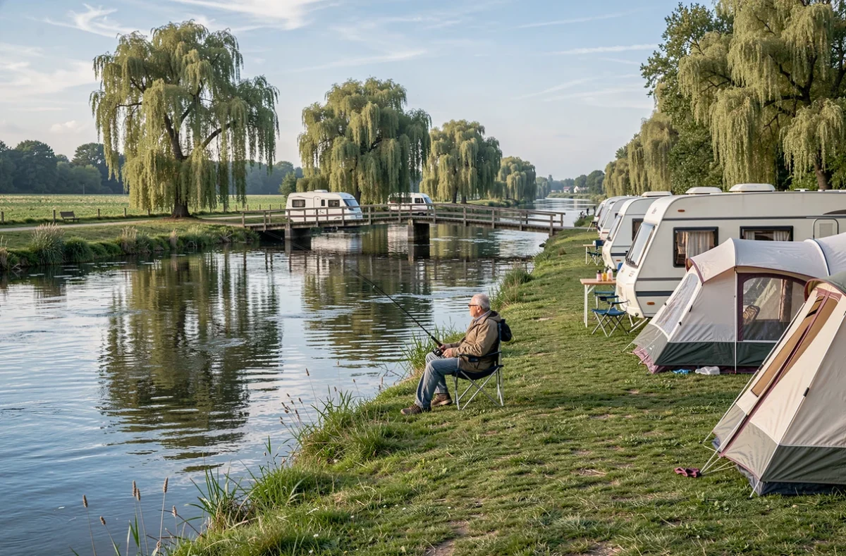 Camping de la Trye au bord d'une rivière paisible avec caravanes et pêcheur en bord d'eau