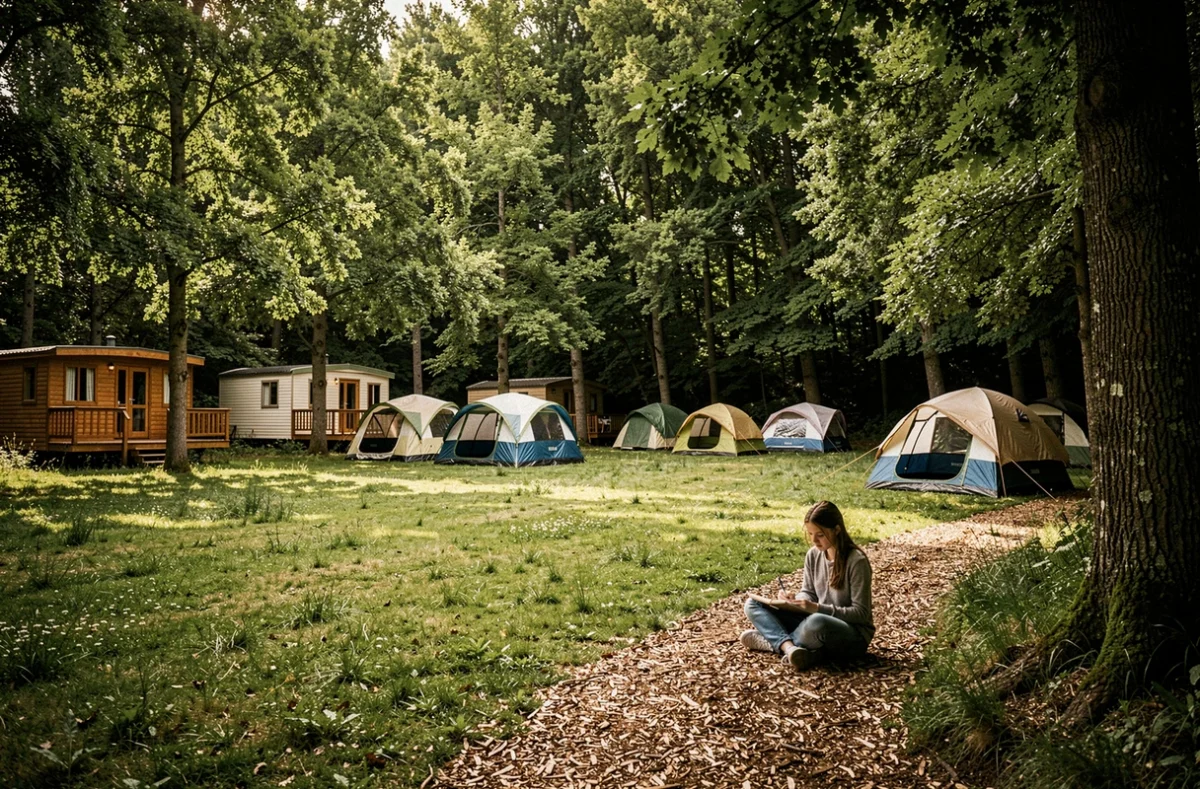 Camping de l'Orée du Bois en lisière de forêt avec mobil-homes en bois et adolescente dessinant