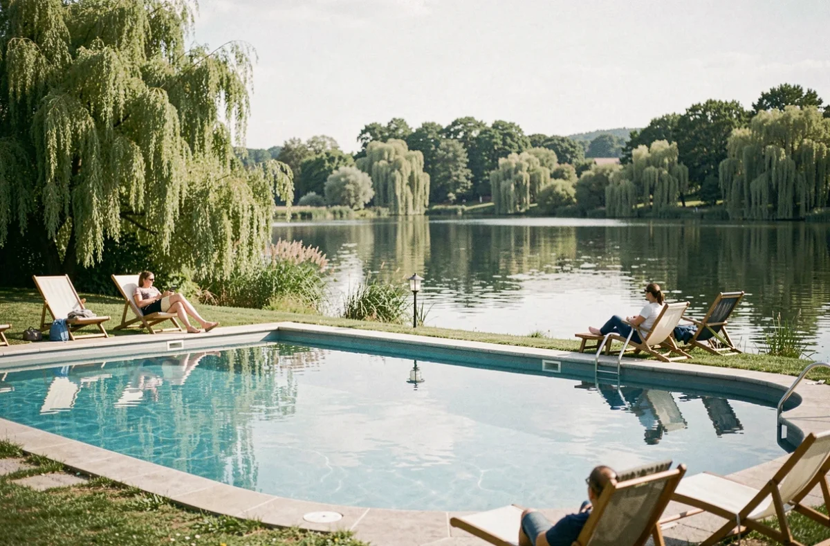 Piscine du Camping du Lac à Condé-sur-l'Escaut avec le lac et les berges de l'Escaut en arrière-plan