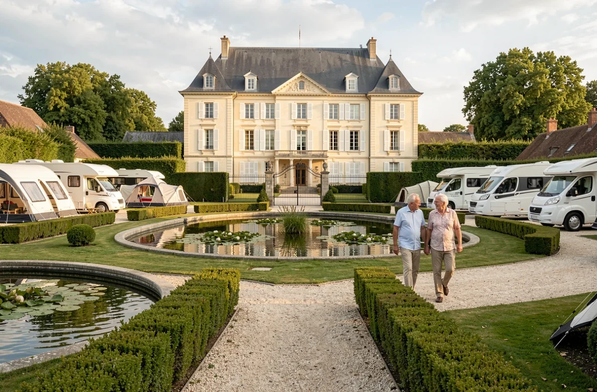 Camping du Parc de Lévignen avec manoir en arrière-plan, tentes sur terrasses et étang ornemental