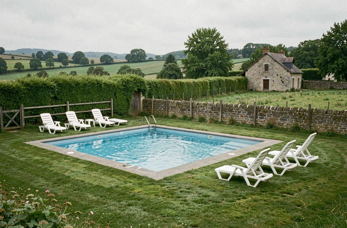 Piscine du Camping de Grand-Fayt entourée du bocage Avesnois avec murs en pierre ancienne