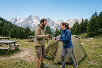Couple montant une tente dans un camping des Hautes-Alpes entouré de forêts de pins et de sommets alpins