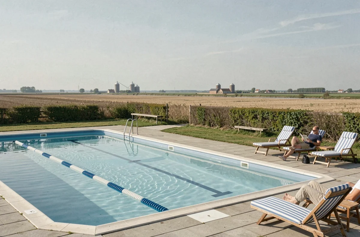 Piscine du camping La Sensée à Aubigny-au-Bac avec paysage de plaine agricole du Nord en arrière-plan