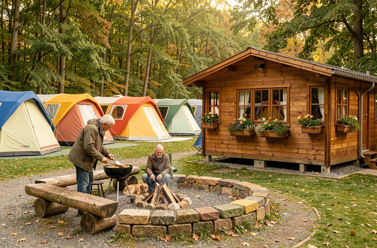 Camping Le Bois Joli avec bungalows en bois, coin feu et couple âgé en plein air