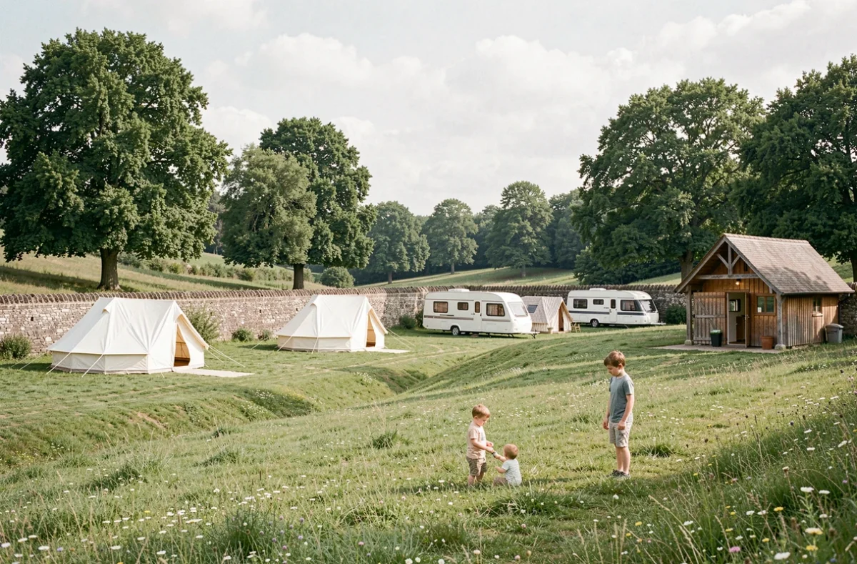Camping Le Pré des Moines avec caravanes sur prairie verdoyante et murs en pierre anciens