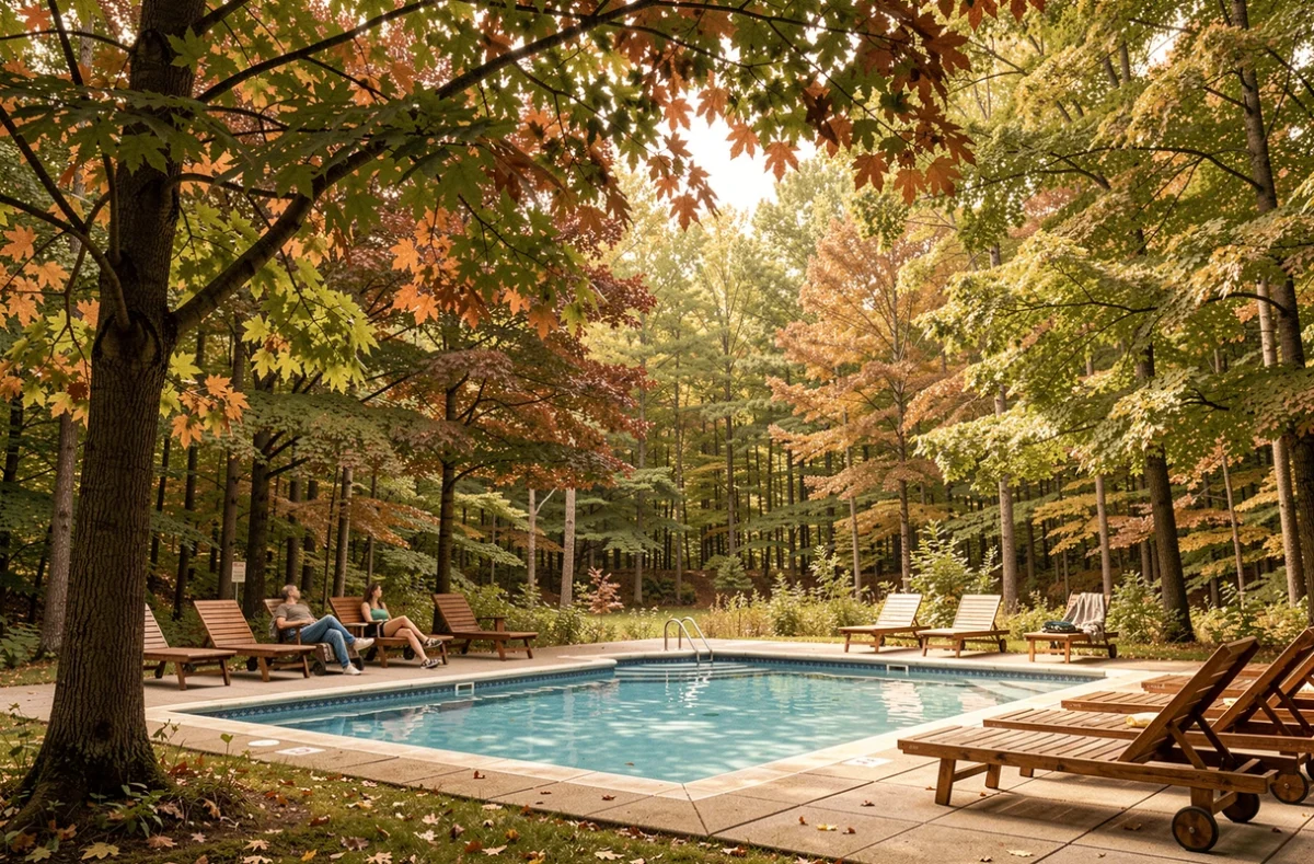 Piscine du Camping Les Érables à Willies entourée d'érables et de la forêt de l'Avesnois