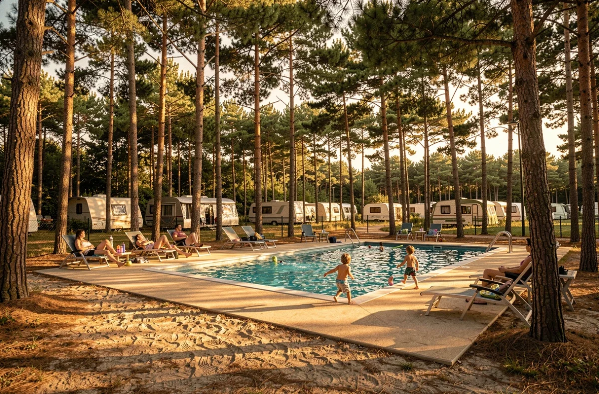 Piscine du Camping Les Pins à Ghyvelde ombragée par des pins sylvestres avec familles se détendant