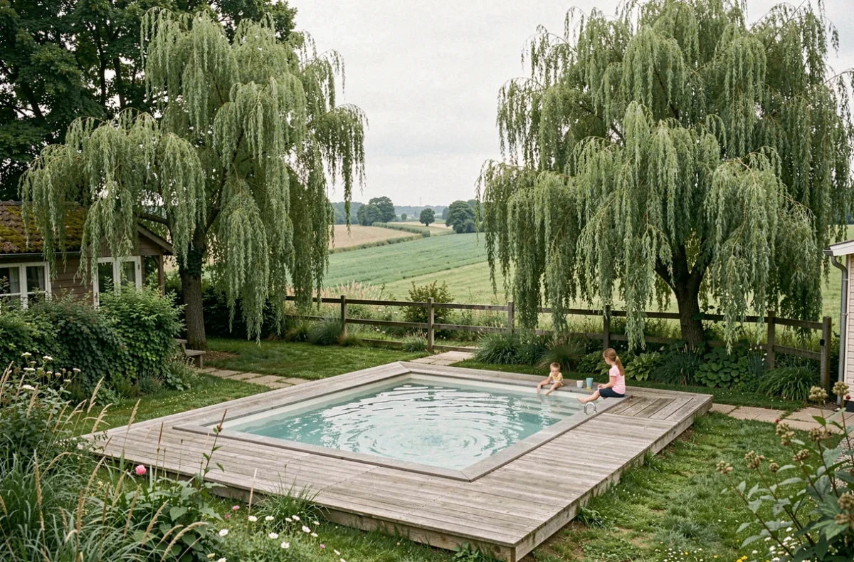 Camping Les Saules à Bailleul avec piscine entourée de saules pleureurs et de collines verdoyantes