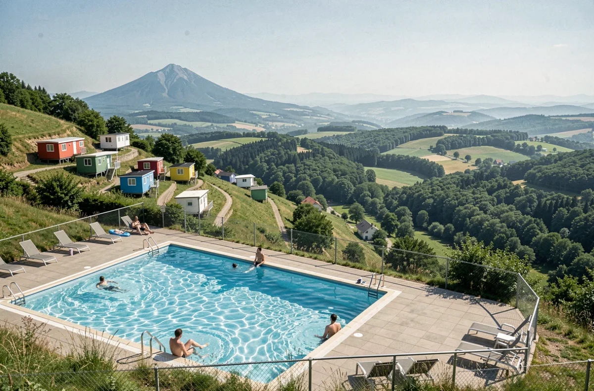 Piscine du Camping du Mont Noir à Saint-Jans-Cappel avec vue panoramique sur les collines flamandes