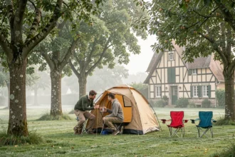 Famille installant une tente dans un camping en Normandie entouré de pommiers et d'une maison à colombages typique