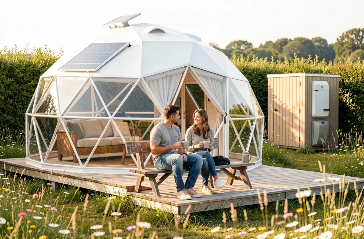 Tentes glamping geodésiques de Campix dans une prairie fleurie avec couple prenant le petit-déjeuner