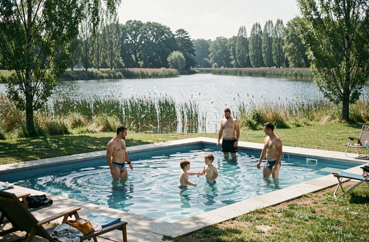 Piscine du Caravaning du Lac à Ghyvelde avec le lac naturel visible en arrière-plan