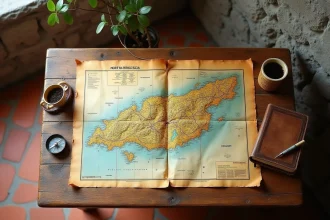 Carte routière du nord de la Corse dépliée sur une table en bois avec un compas et un carnet de voyage