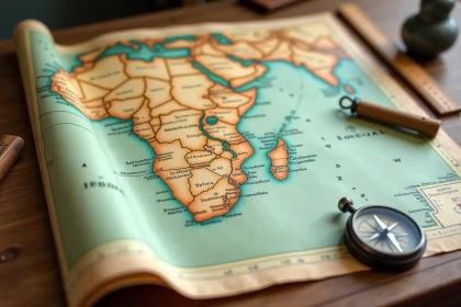 Carte papier du Sénégal et de l'Afrique de l'Ouest posée sur une table en bois avec une règle et une boussole vintage