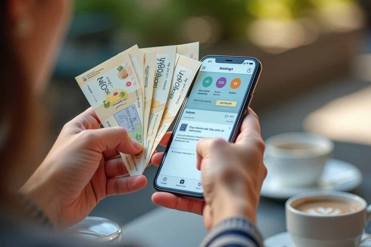 Mains tenant chèques vacances avec confirmation de réservation sur smartphone