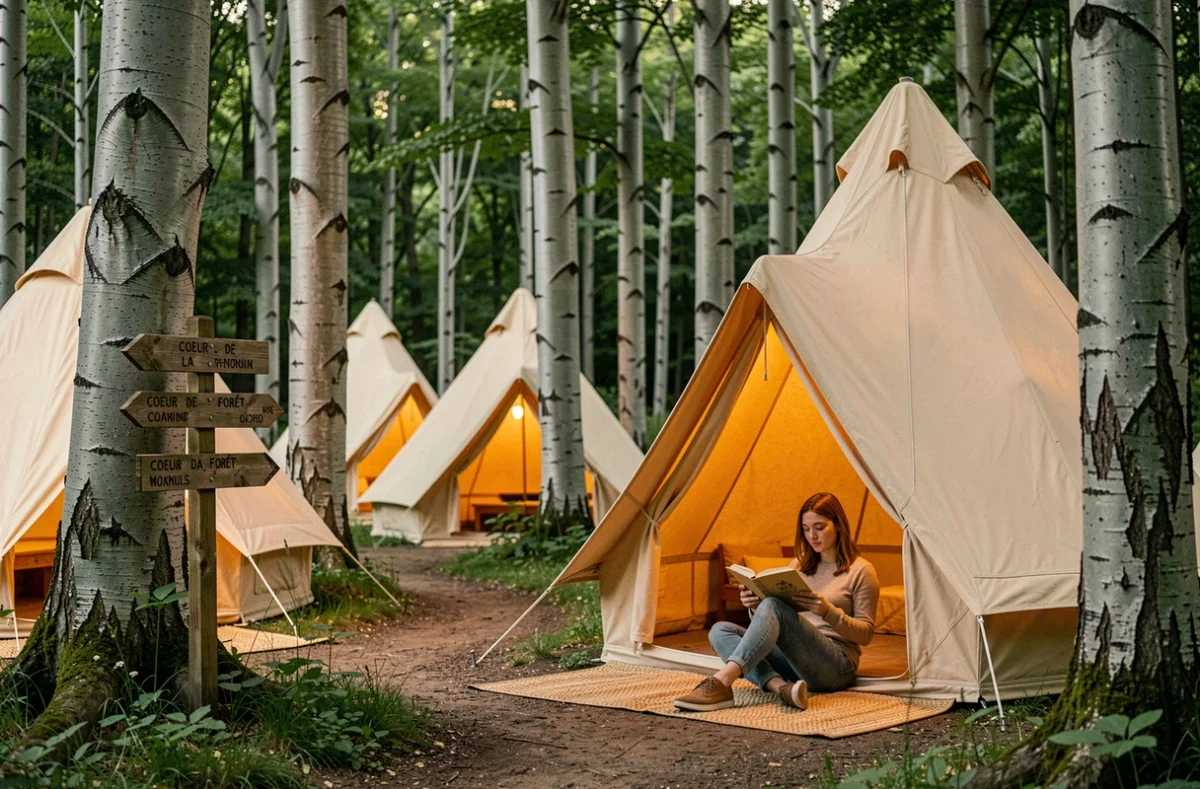 Coeur de la Forêt camping avec tentes bell sous les hêtres et femme lisant dehors