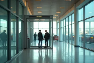Espace fumeur vitré dans un terminal d'aéroport moderne avec voyageurs adultes et signalétique de départ