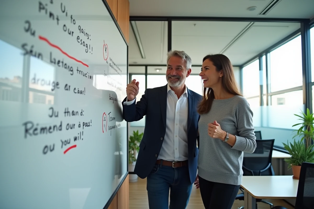 Deux collègues en bureau discutant d'une faute de grammaire française écrite sur un tableau blanc