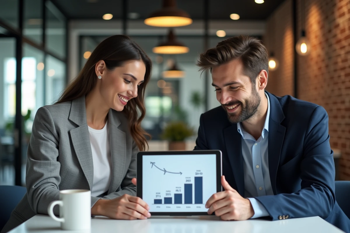 Deux collègues analysant des statistiques d'indemnisation de vols sur une tablette dans un espace de coworking