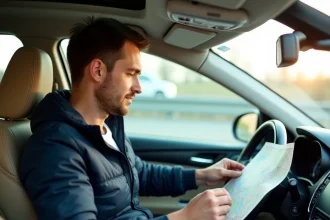 Conducteur consultant une carte Michelin de trajet dans son véhicule pendant son trajet quotidien