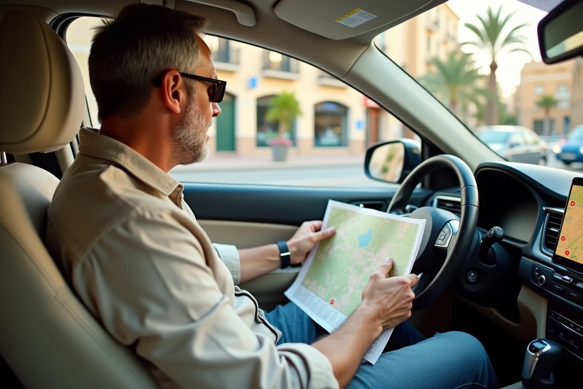 Conducteur consultant une carte de Málaga dans sa voiture pour trouver un stationnement