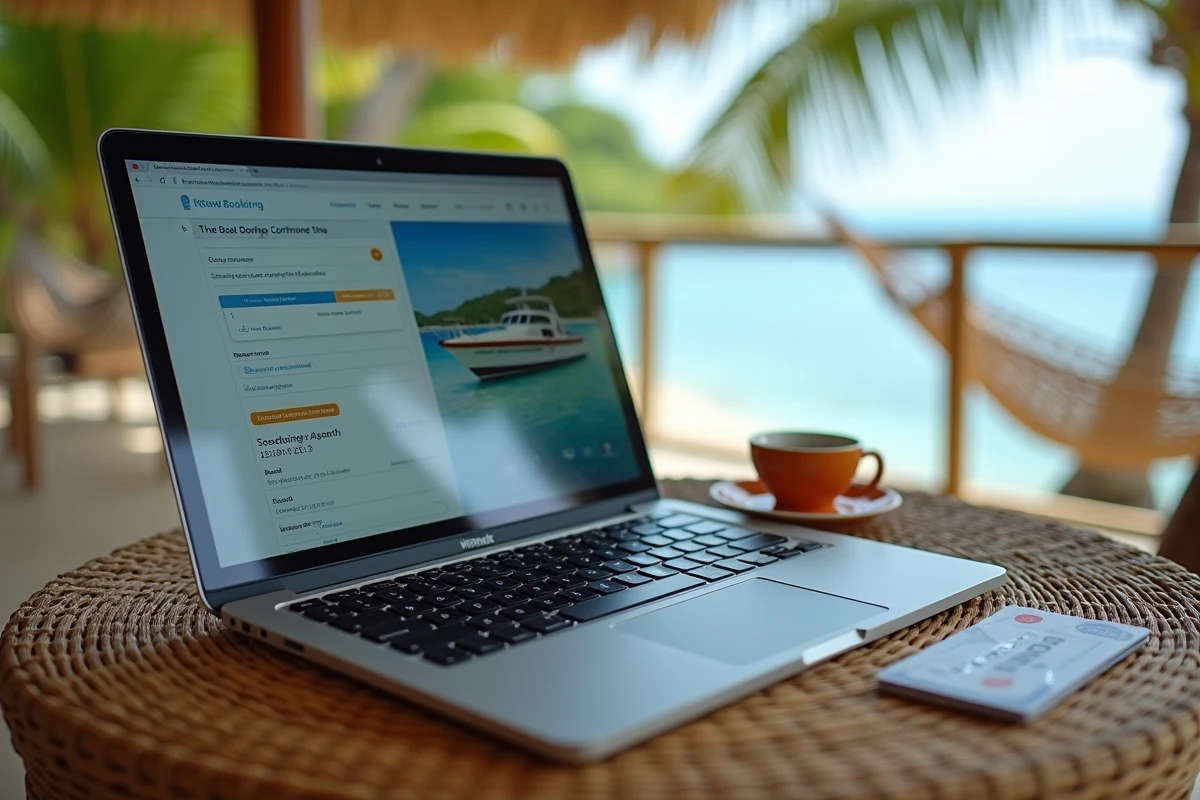 Confirmation de réservation de bateau Gili affichée sur un écran d'ordinateur avec billet et carte bancaire