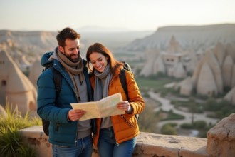 Couple souriant en voyage à Göreme en Cappadoce
