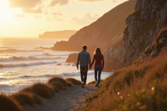 Jeune couple main dans la main sur la côte bretonne au coucher du soleil