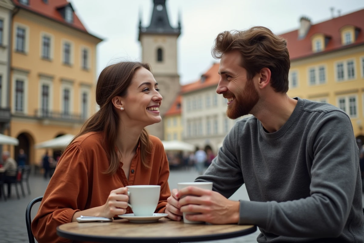 Couple de voyageurs sirotant un café en terrasse sur la Place de la Vieille Ville à Prague avec l'Horloge Astronomique en fond