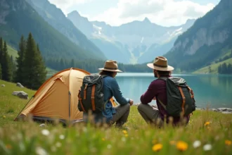 Jeune couple installant une tente près d'un lac dans les Dolomites italiennes