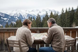 Couple discutant sur un balcon enneige dans un chalet